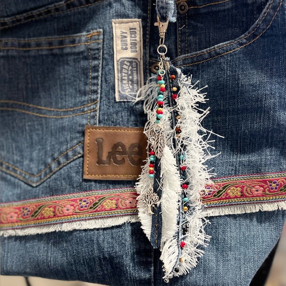 Boho chic purse,bag feathers tassel dangle charm,long tassel,Denim feather charm - Picture 6 of 6